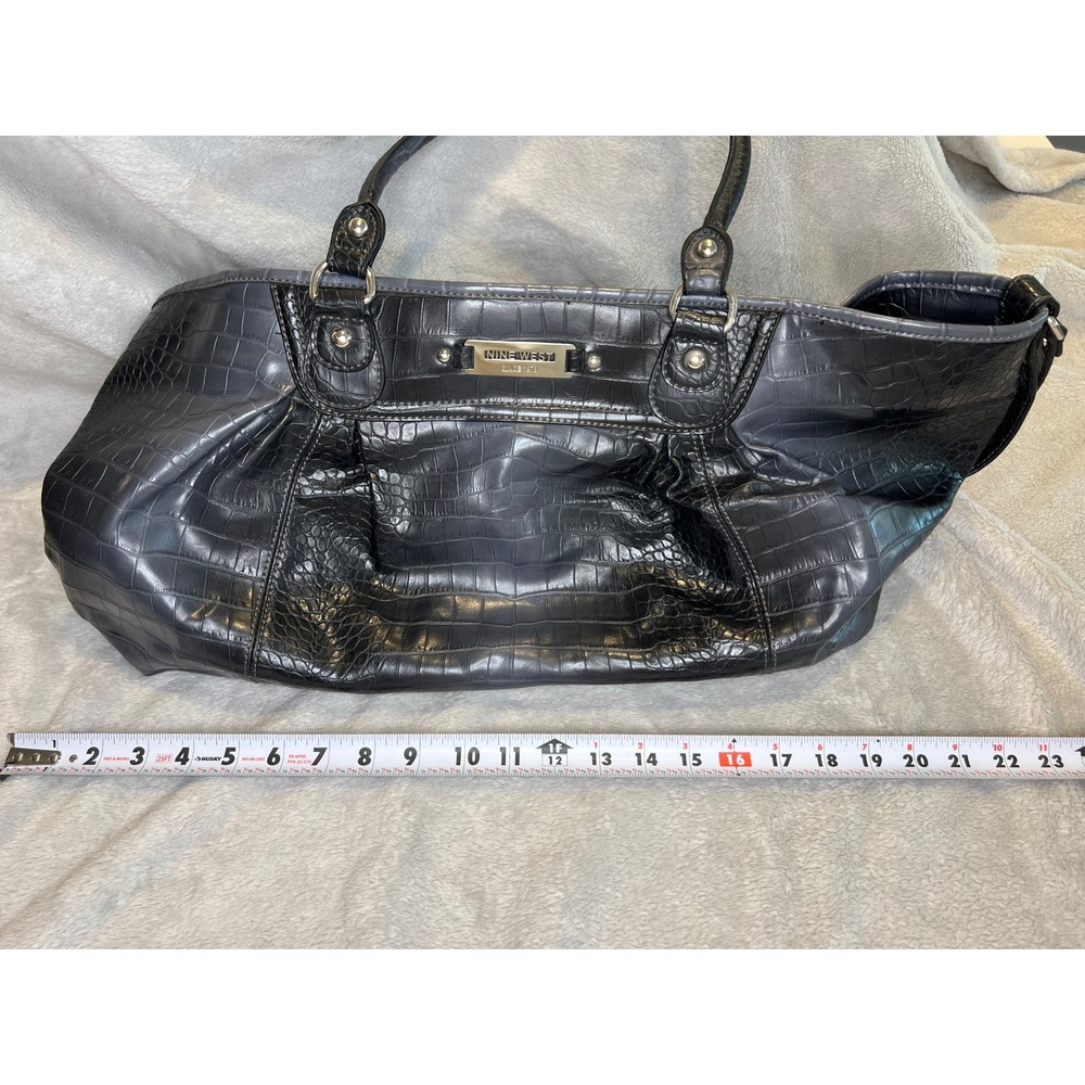 Nine West Womens Tote Bag Croc Embossed Large Shoulder Purse Black NWT